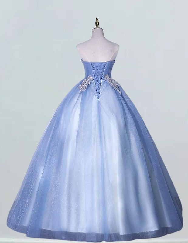 Blue strapless lace applique prom dress ball gown pleated tulle fluffy wedding dress gown