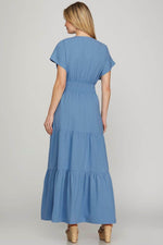 She + Sky Surplice Short Sleeve Tiered Maxi Dress With Pockets - By Baano