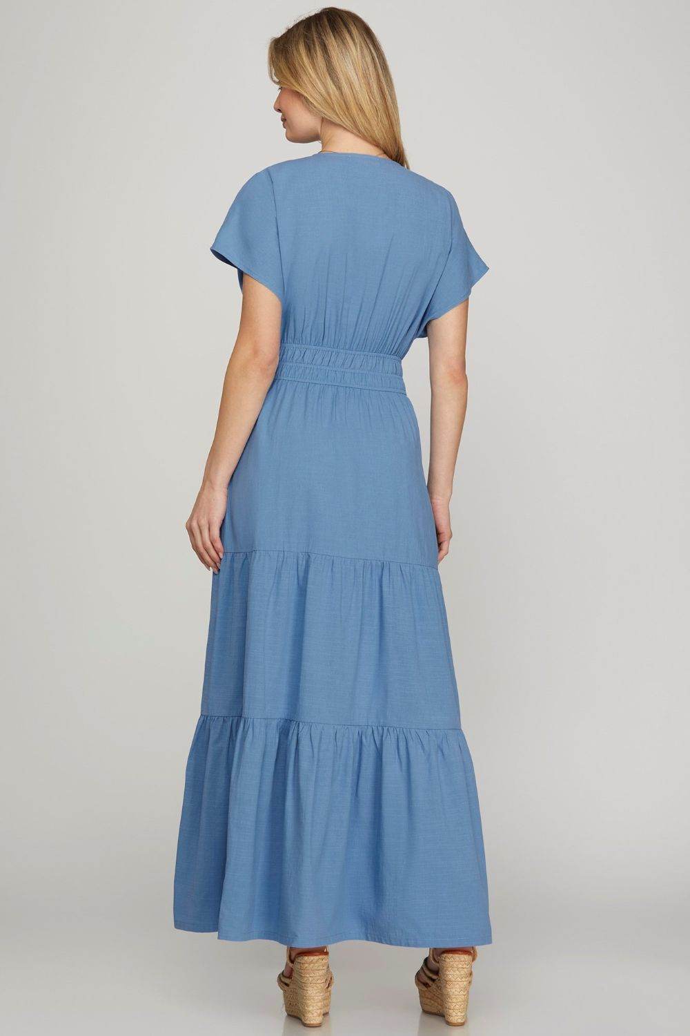 She + Sky Surplice Short Sleeve Tiered Maxi Dress With Pockets - By Baano