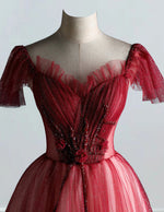Elegant Red Cap Sleeve V-Neck Tulle Prom Dress with Beading