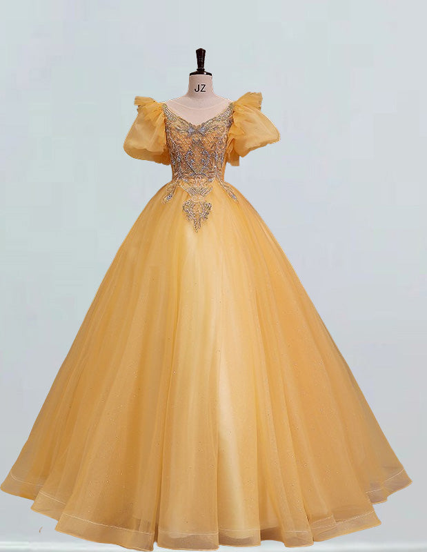 Blue scoop gold lace beaded long short sleeve ball gown prom dress
