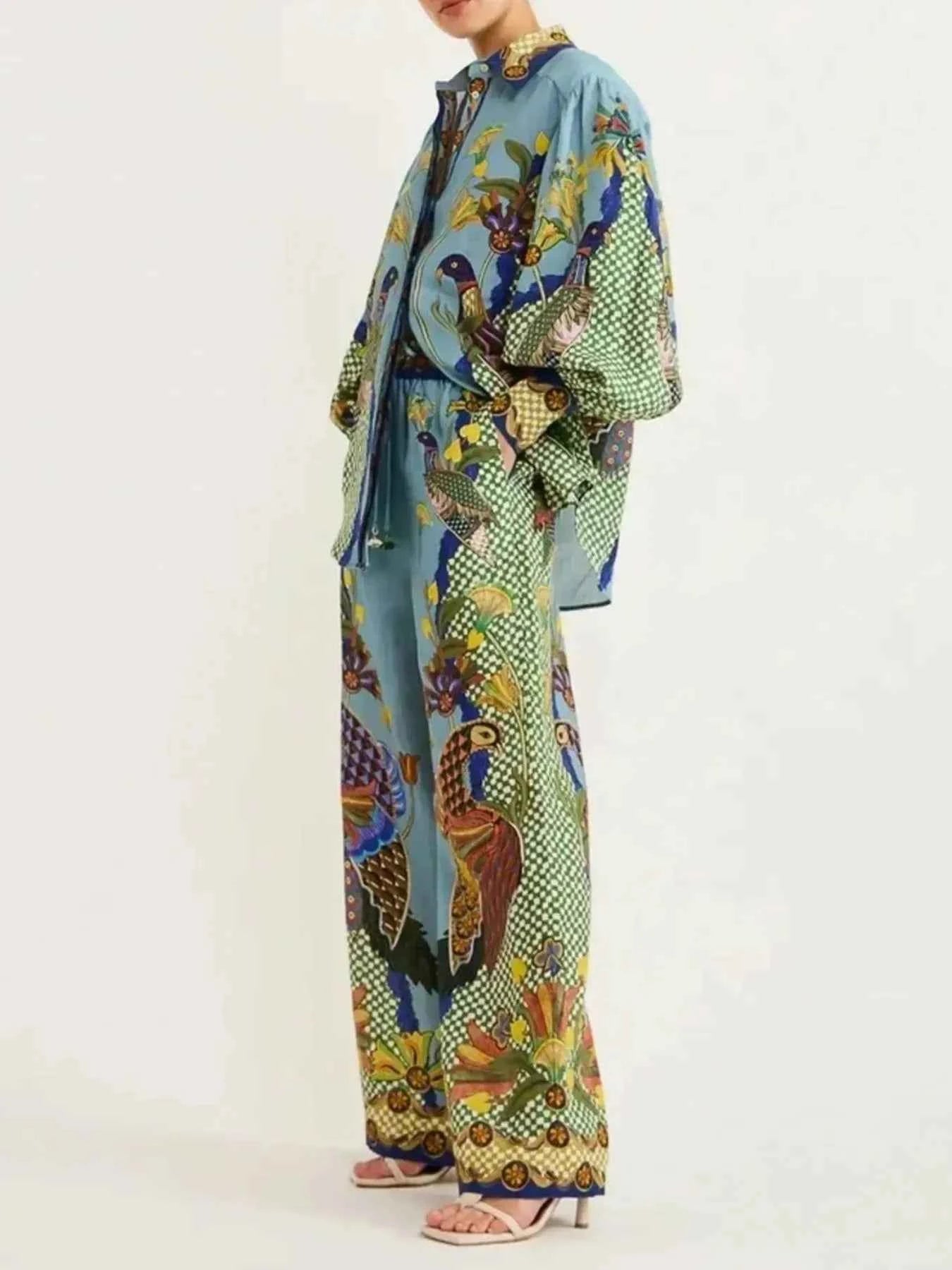 Printed Button Up Shirt and Pants Set