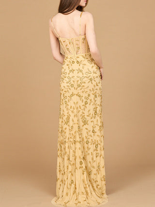 Beaded Corset Gown with Slit - By Baano