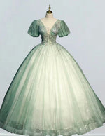 Green v neck short sleeve lace beaded long prom dress ball gown
