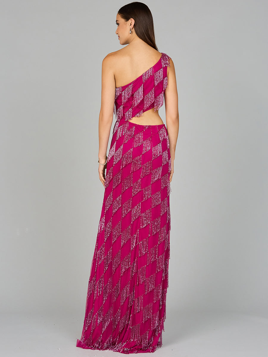 One Shoulder Fringe Gown - By Baano