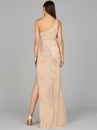 One Shoulder Beaded Gown with Fringe Slit - By Baano