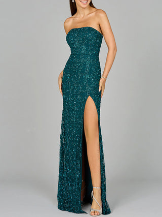Beaded Strapless Dress with Slit