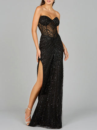 Embellished Strapless Gown with Slit