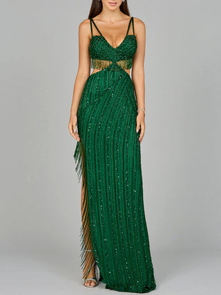 Cutout Beaded Gown with Fringes - By Baano