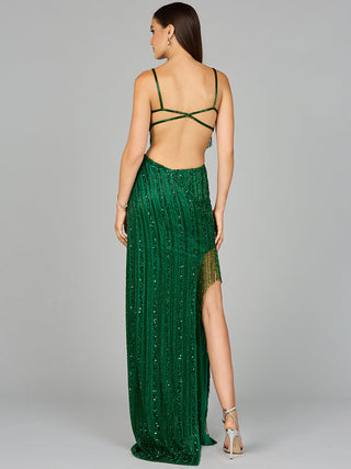 Cutout Beaded Gown with Fringes - By Baano