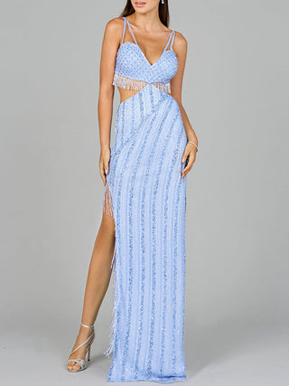 Cutout Beaded Gown with Fringes - By Baano