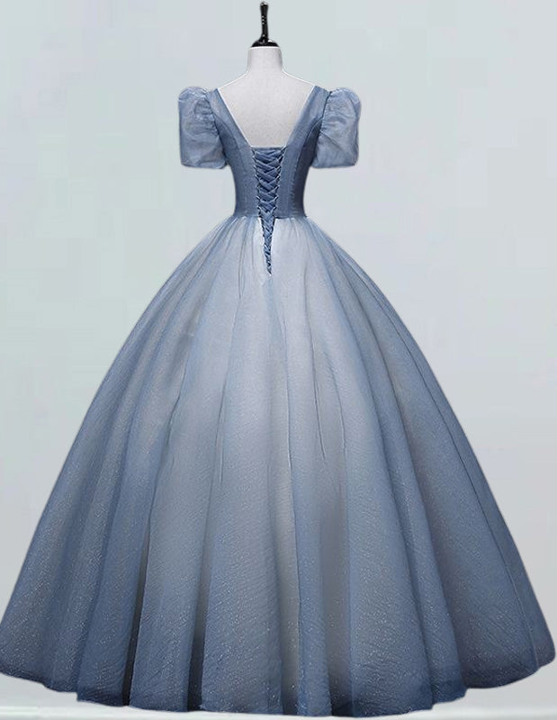 Women's Elegant Blue Sequin V-Neck Prom Dress with Sleeves, Formal Evening Gown