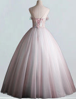 Women's Pink Tulle Ball Gown Bridal Dress with Beading & Sequins - Scoop Neck, Long Sleeve