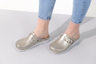 Nora IV by LEON– Women’s Leather Clogs- Adjustable Buckle with Removable Gel-Insole