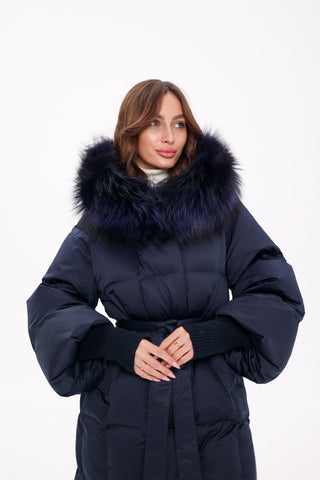 Genuine Fox Fur Trim Down Coat in Royal Blue - By Baano
