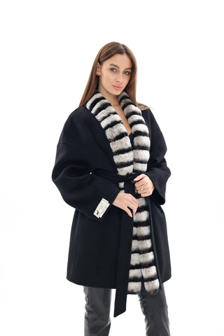 Genuine  French Orylag Fur Italian Cashmere Wool Coat 85cm