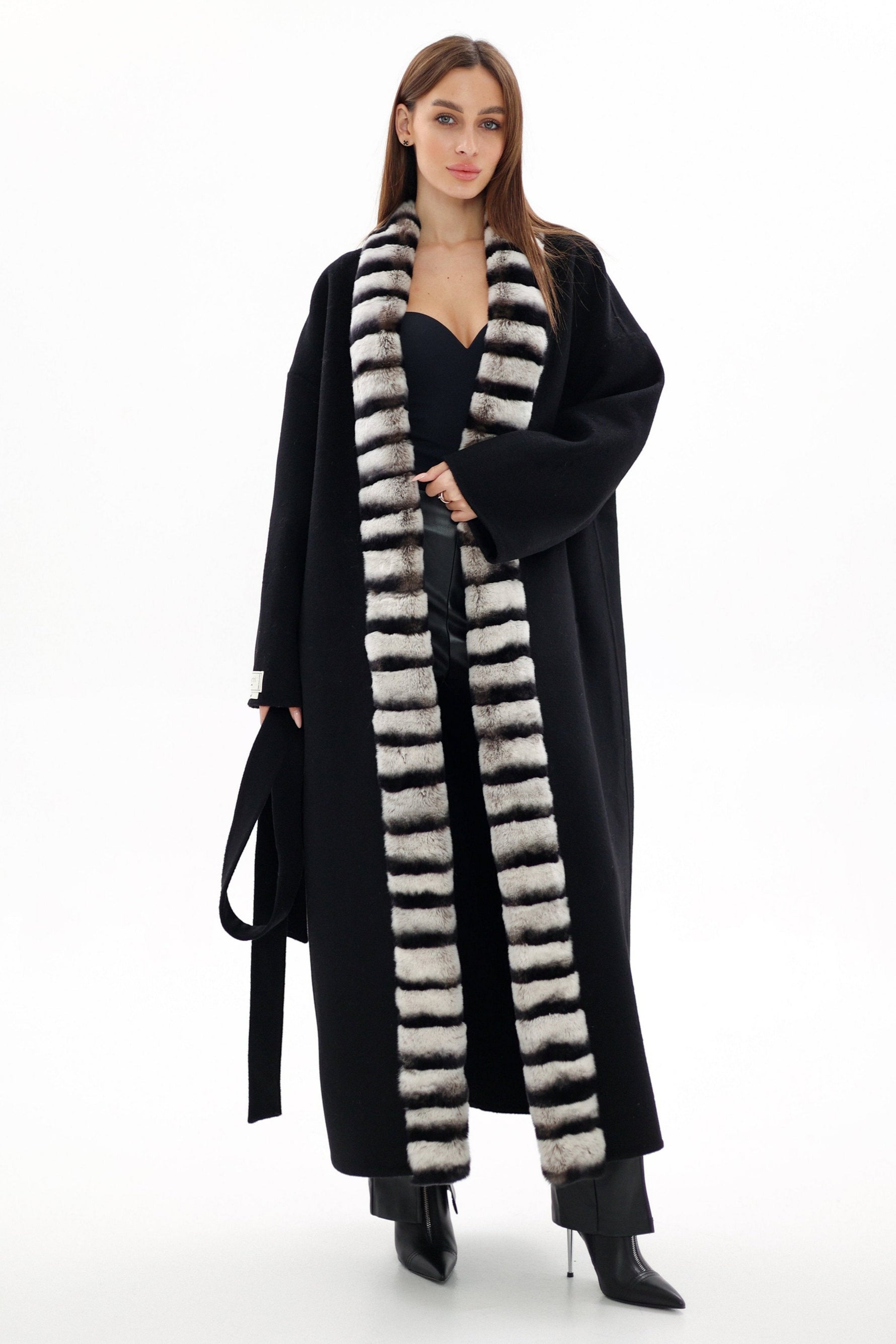 Genuine  French Orylag Fur Italian Cashmere Wool Coat