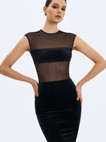 Quielle Black Mesh and Velvet Midi Bodycon Dress Miss Circle