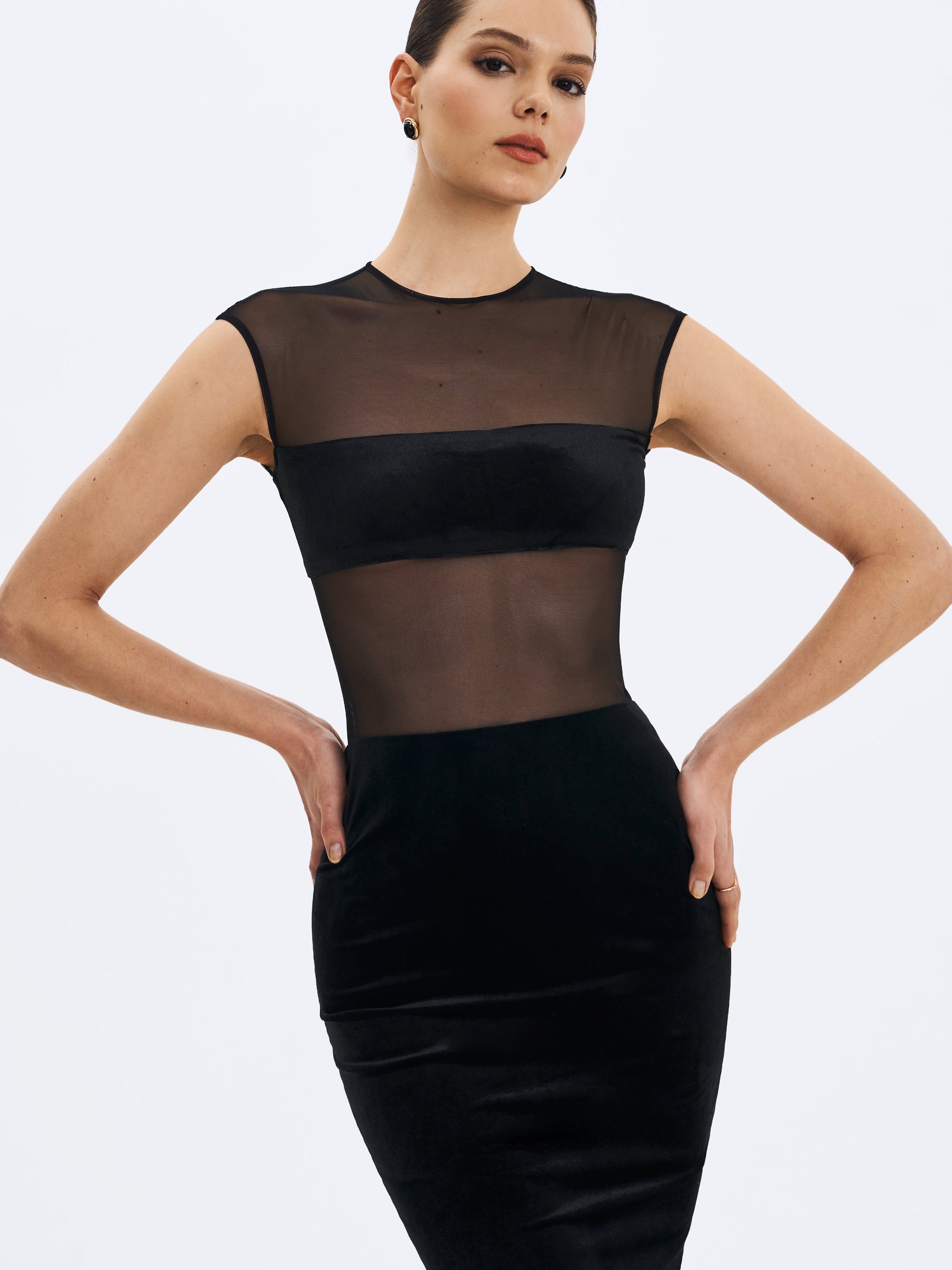 Quielle Black Mesh and Velvet Midi Bodycon Dress Miss Circle