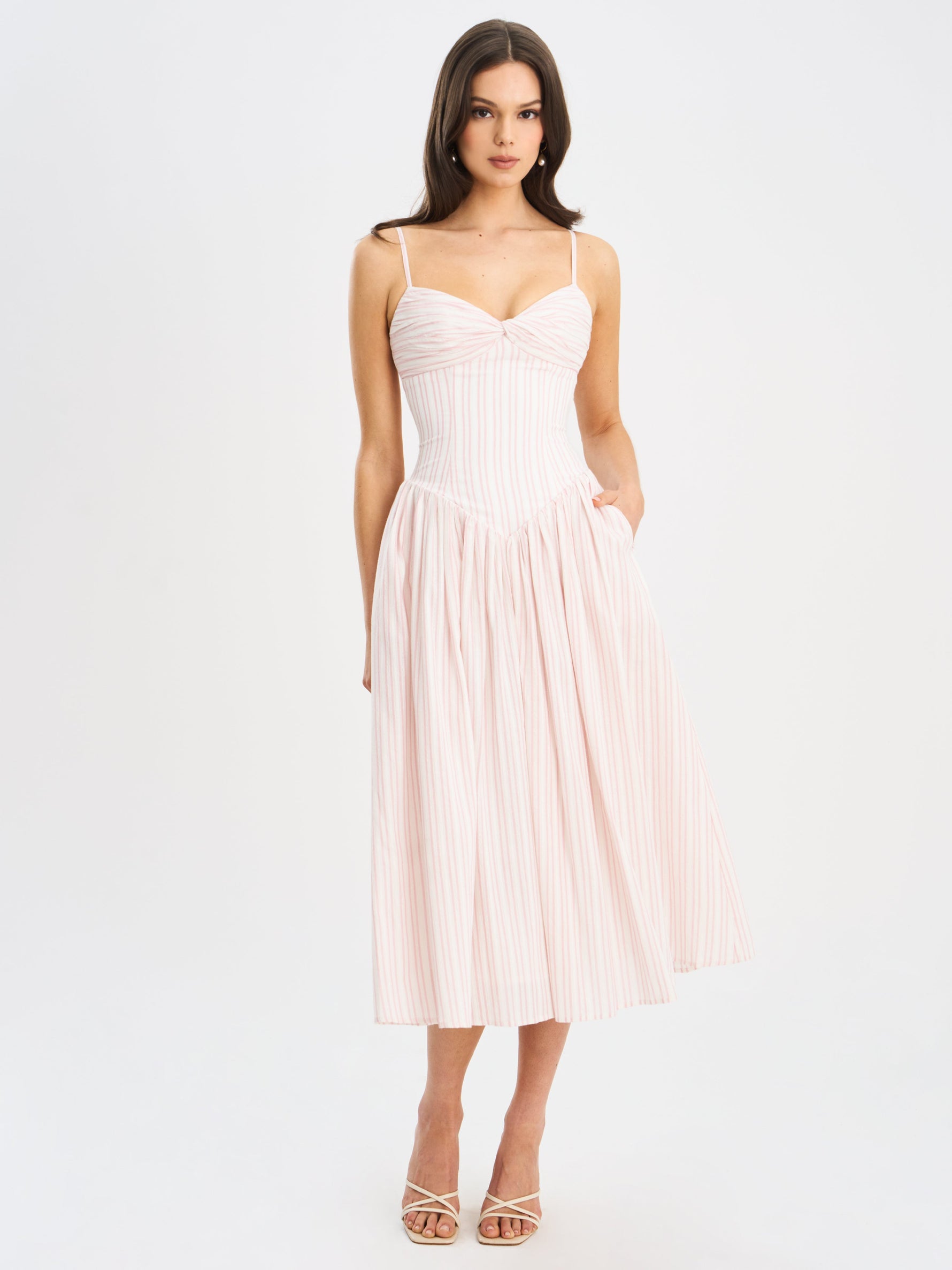 Zania Pink Stripe Ruched Breast Cotton Jacquard Midi Dress Miss Circle