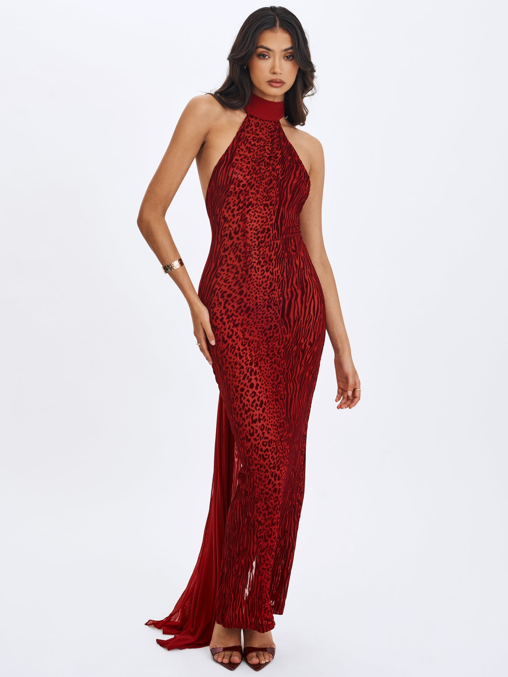 Cerise Scarlet Burnout Velvet Multiwear Mesh Ribbon Maxi Dress