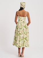 Jacinda Green Floral Print Ruched Breast Linen Midi Dress