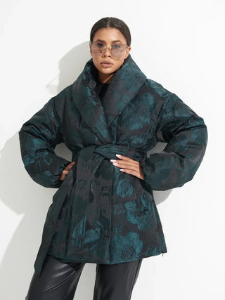 Monochrome Jacquard Down Coat in Vintage Emerald - By Baano