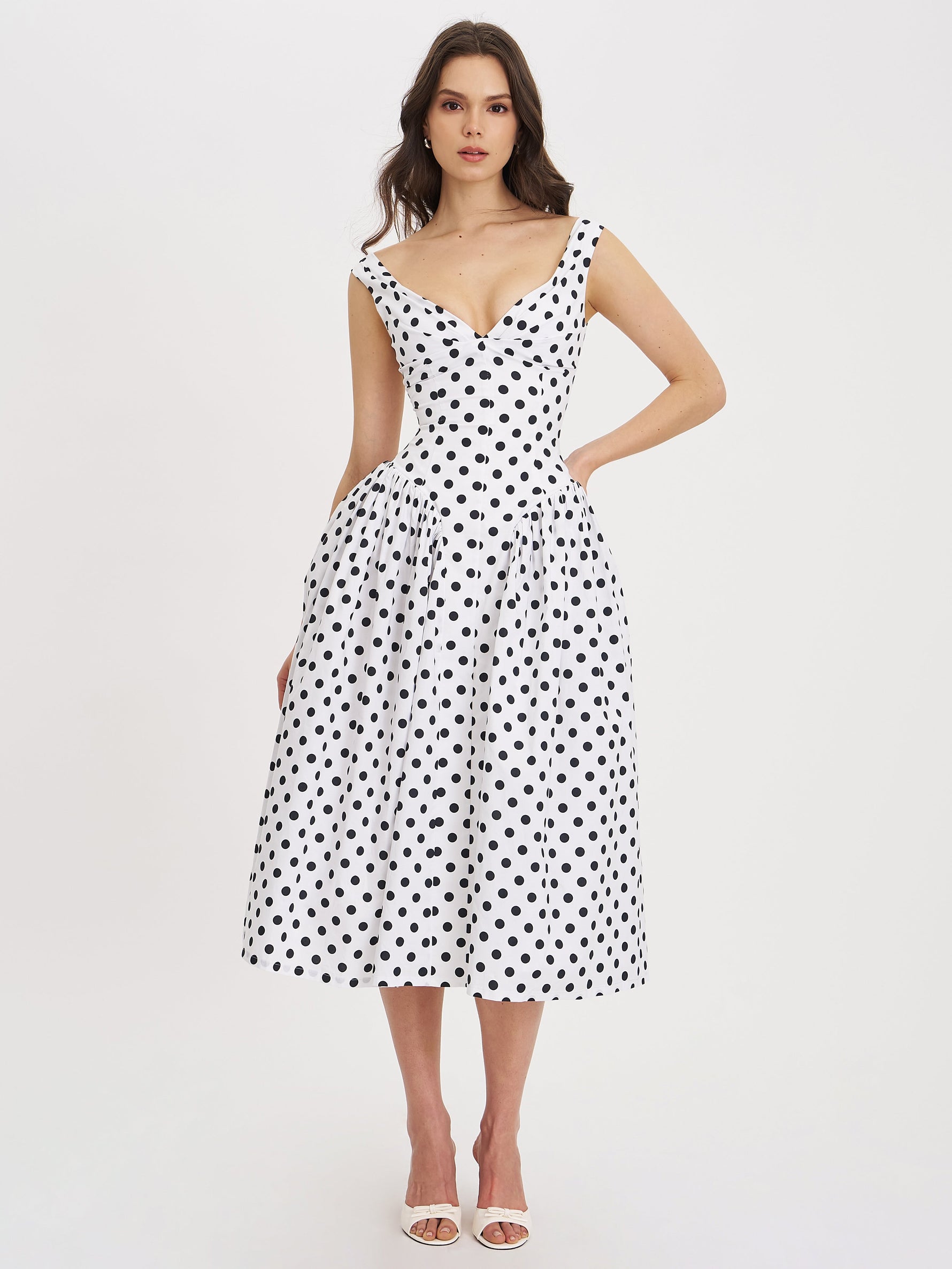 Rahma Polka Dot Drop Waist Midi Cotton Poplin Dress Miss Circle