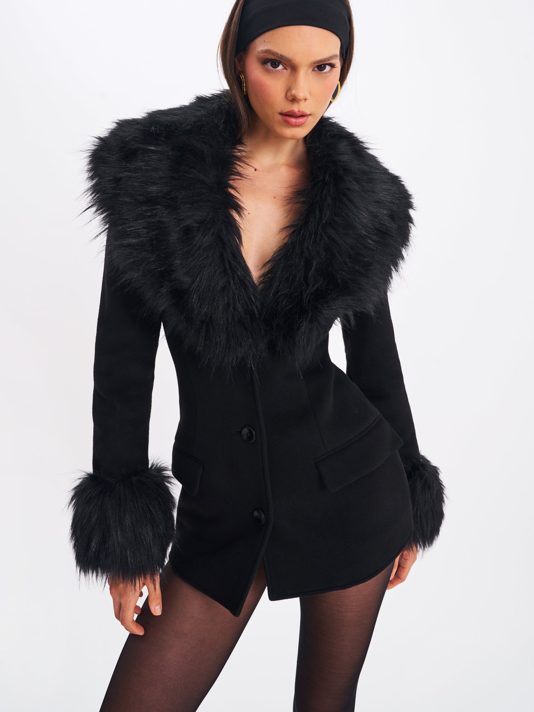 Hailee Black Single Breasted Wool Blend Mini Coat with Removable Fur Lapel Miss Circle