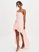 Mae Pink Ruched Breast Appliqué Trim Trailing Dress