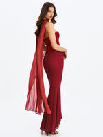 Giselle Crimson Peplum Mermaid Gown with Chiffon Scarf Miss Circle