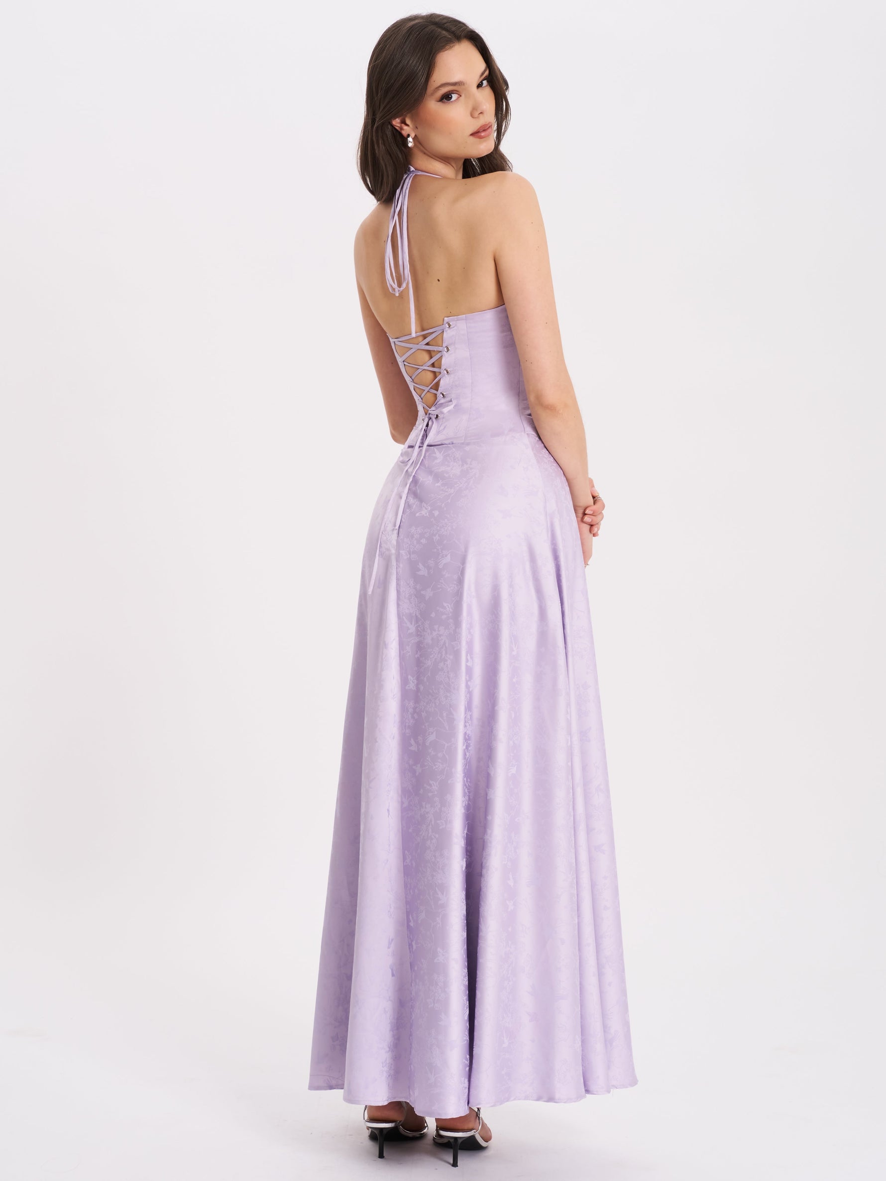 Raegan Taro Purple Jacquard Rouched Maxi Dress