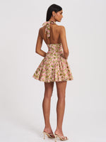 Mackenzie Green and Pink Floral Print Halter Linen Mini Dress Miss Circle