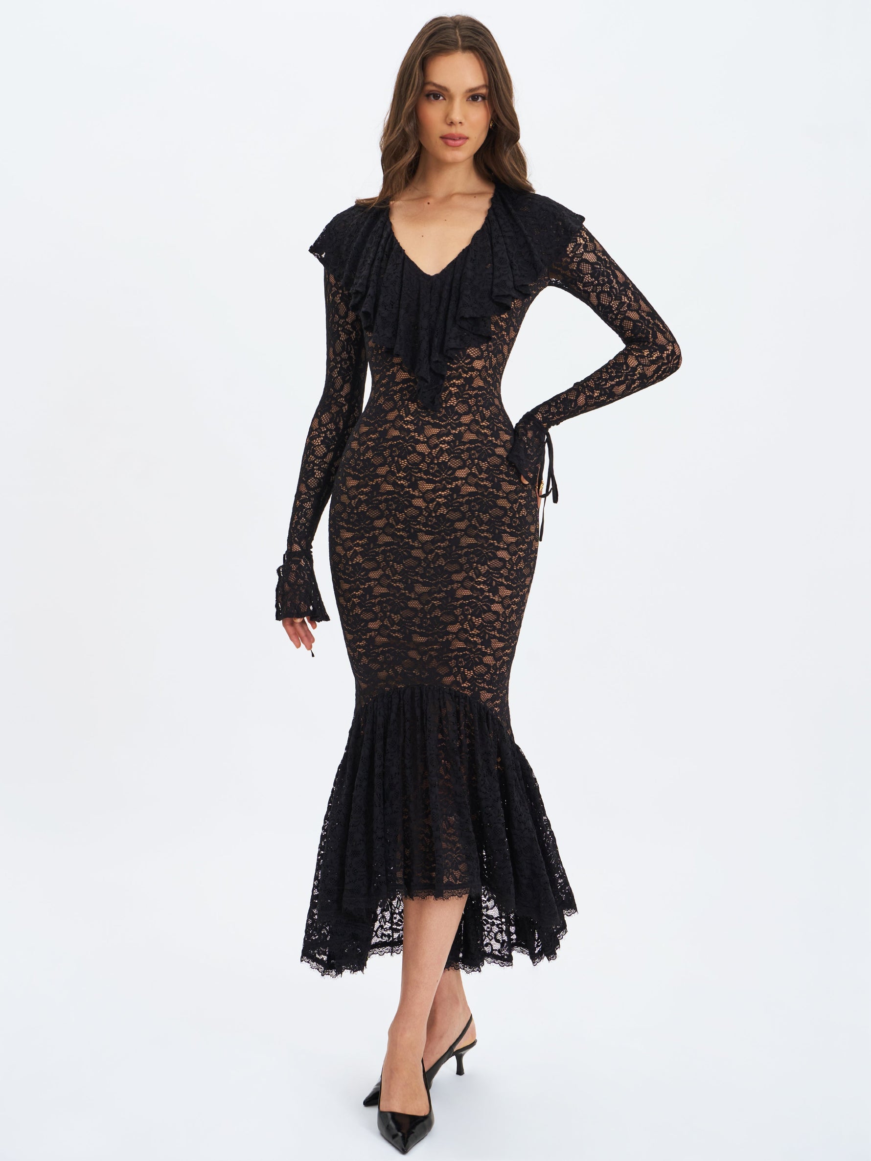 Parisa Black Lace Ruffled Mermaid Maxi Dress
