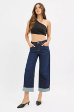 Risen Mid Rise Ankle Jeans With Wide Roll Up Cuffs Details