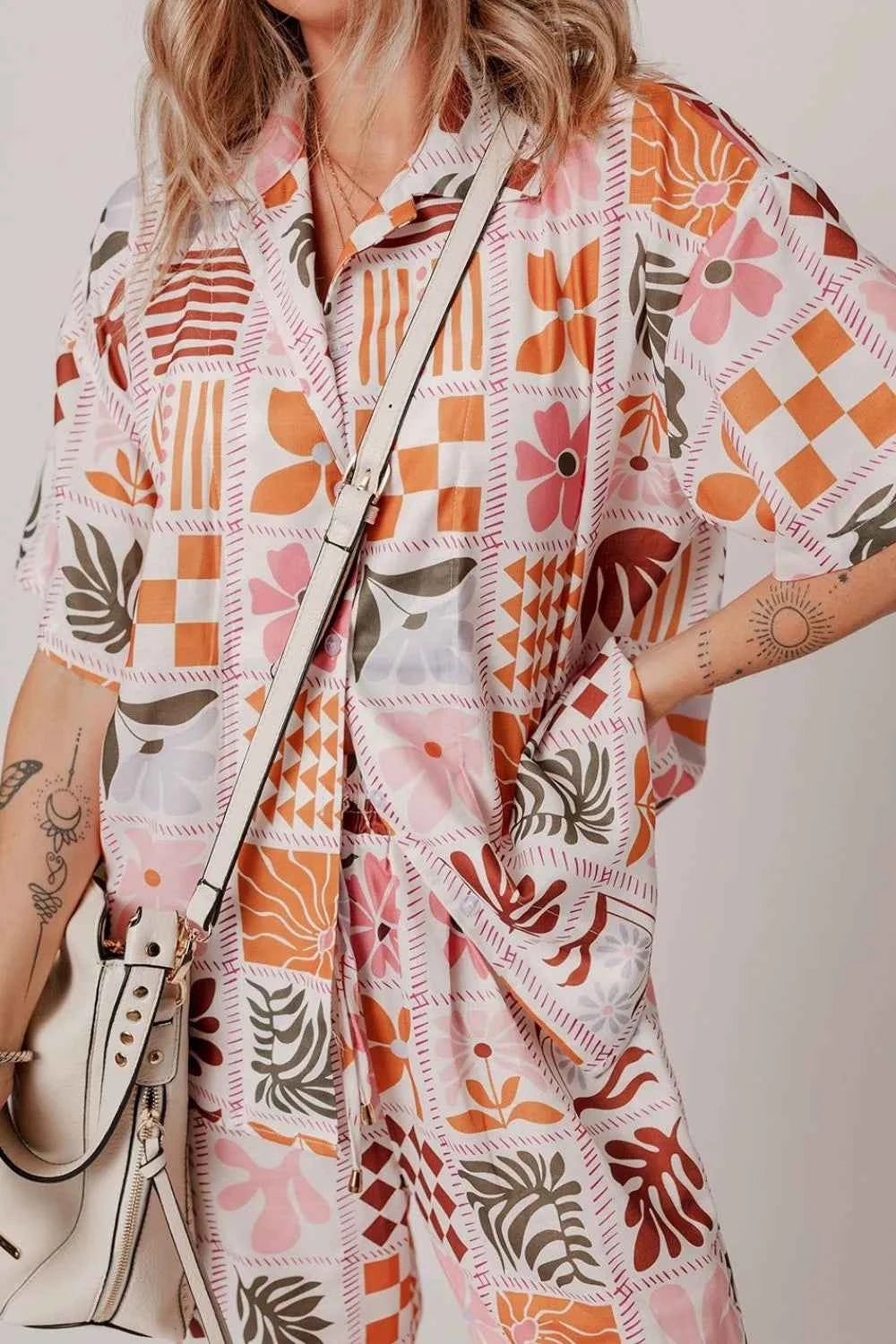 Printed Collared Neck Shirt and Wide Leg Pants Set - By Baano