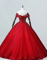 Red off the shoulder beaded lace applique rhineston tulle prom dress ball gown long wedding dress gown