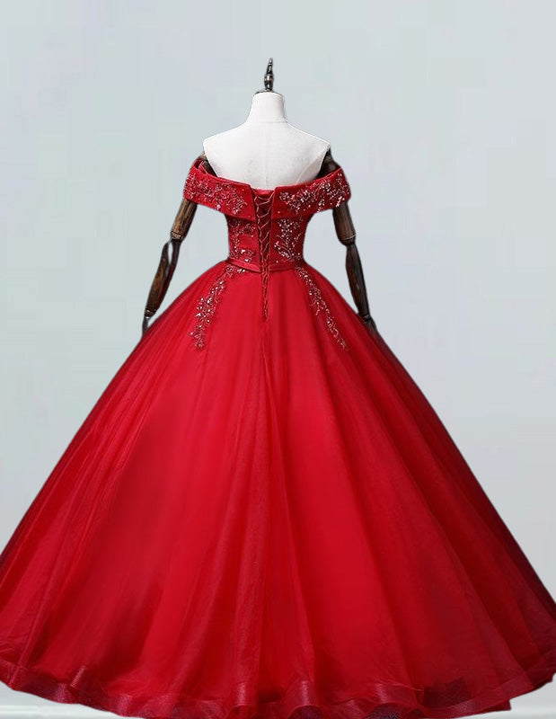 Red off the shoulder beaded lace applique rhineston tulle prom dress ball gown long wedding dress gown
