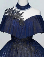 Dark Navy Collar Lace Applique Ball Gown Short sleeve Bridal Gown Princess A line Prom Dress Full Length Long Evening Dress