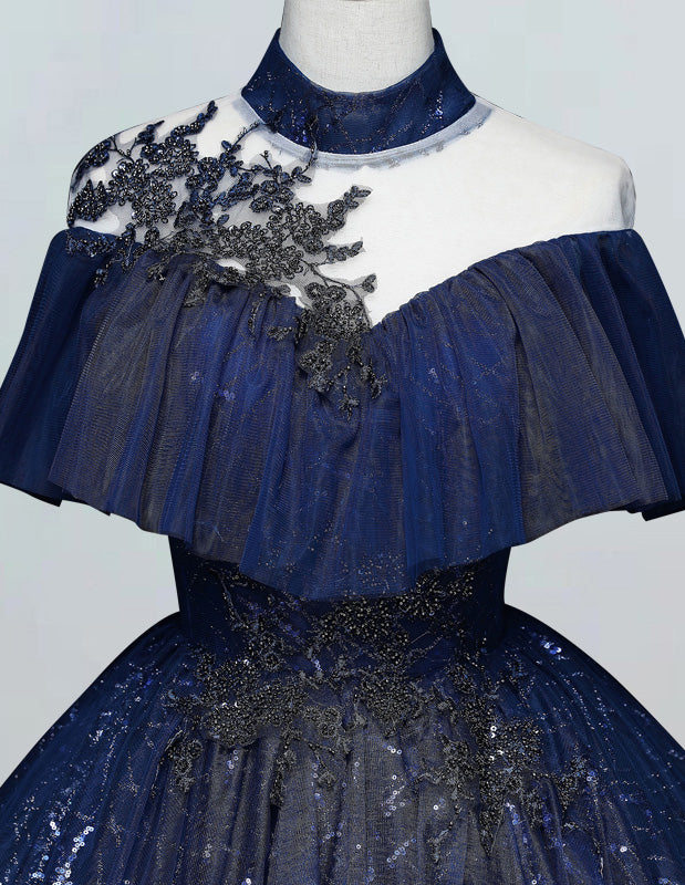 Dark Navy Collar Lace Applique Ball Gown Short sleeve Bridal Gown Princess A line Prom Dress Full Length Long Evening Dress