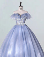 Grayish blue off the shoulder lace applique sparkle long tulle ball gown