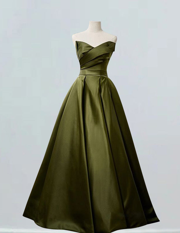 Oliva green strapless pleated long satin prom dress ball gown bridesmaid dress bridal party gown