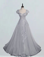 Cap Sleeve Grey Lace Ball Gown | Sweetheart Prom & Evening Dress