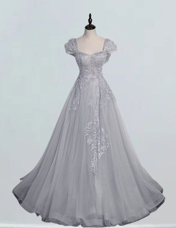 Cap Sleeve Grey Lace Ball Gown | Sweetheart Prom & Evening Dress