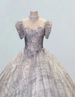 Elegant Grey Tulle Prom Dress with High Collar & Lace Applique | Girls' Formal Evening Gown