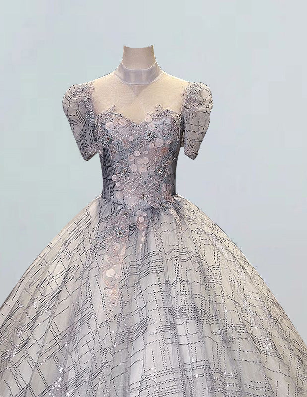 Elegant Grey Tulle Prom Dress with High Collar & Lace Applique | Girls' Formal Evening Gown