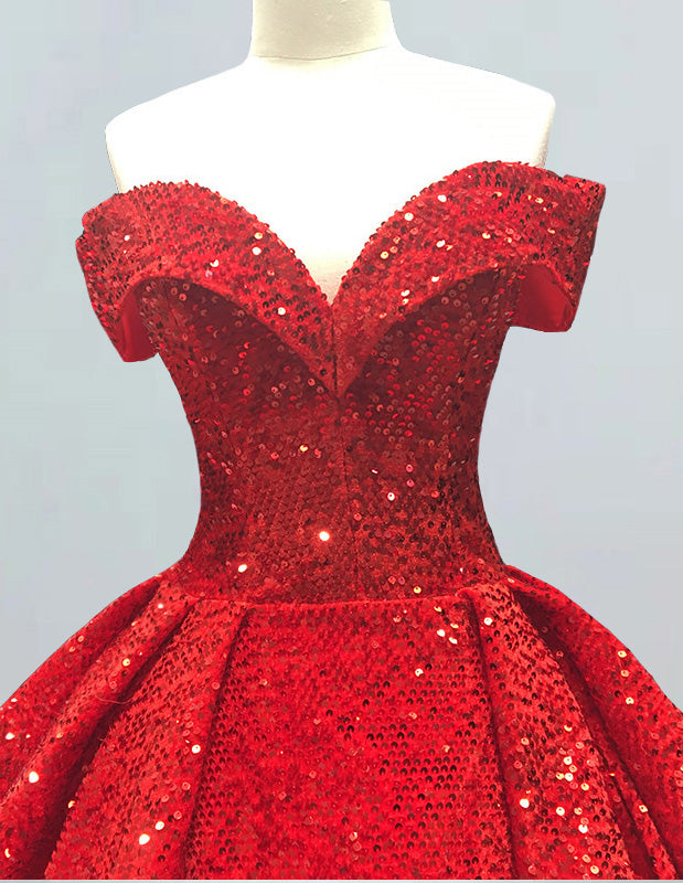 Red off the shoulder velevt sequin long train prom dress ball gown custom made evening party gown