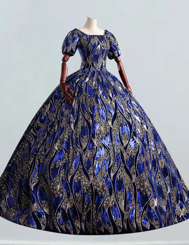 Royal Blue Velvet Sequin Prom Gown | Square Collar Elegant Evening Dress