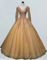 Gold v neck long sleeve lace applique floor length tulle ball gown wedding bridal dress