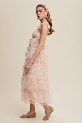 Delicate Floral Embroidered Lace Maxi Dress: Mute Pink